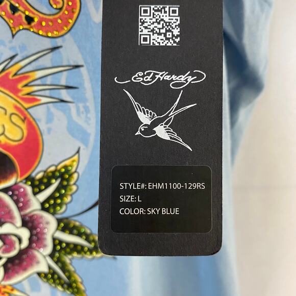Ed Hardy Pierced Eagle Y2K Graphic Tee Tshirt Men L Blue Tattoo Goth Skater NWT - Picture 4 of 7